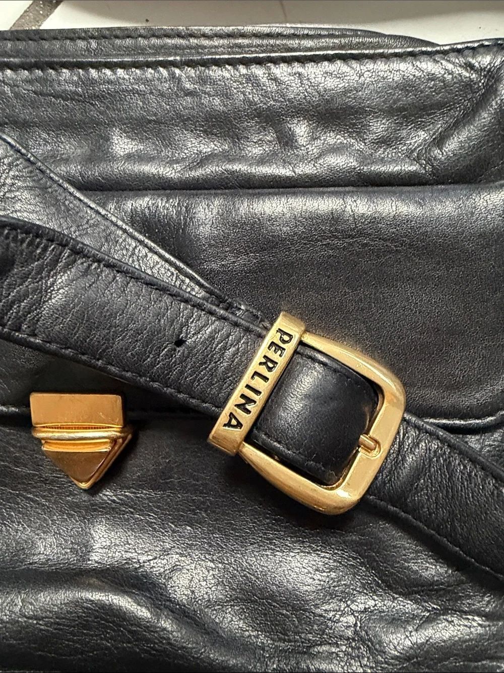 Perlina Black Leather Messenger Bag with Gold Hardware